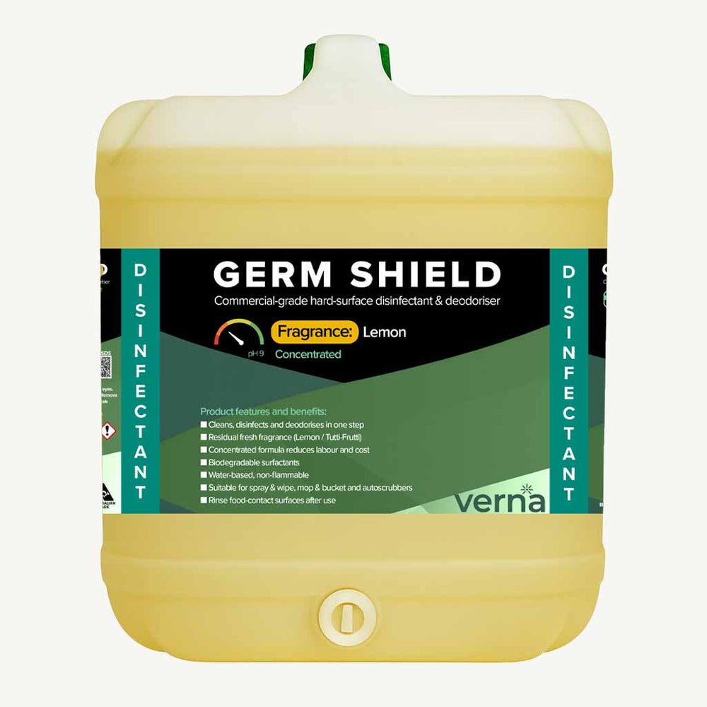 Germ Shield disinfectant container with lemon fragrance on a white background
