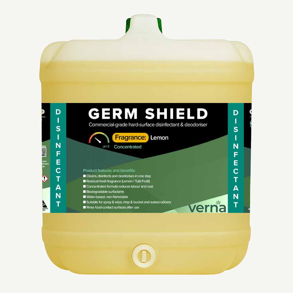 Germ Shield disinfectant container with lemon fragrance on a white background