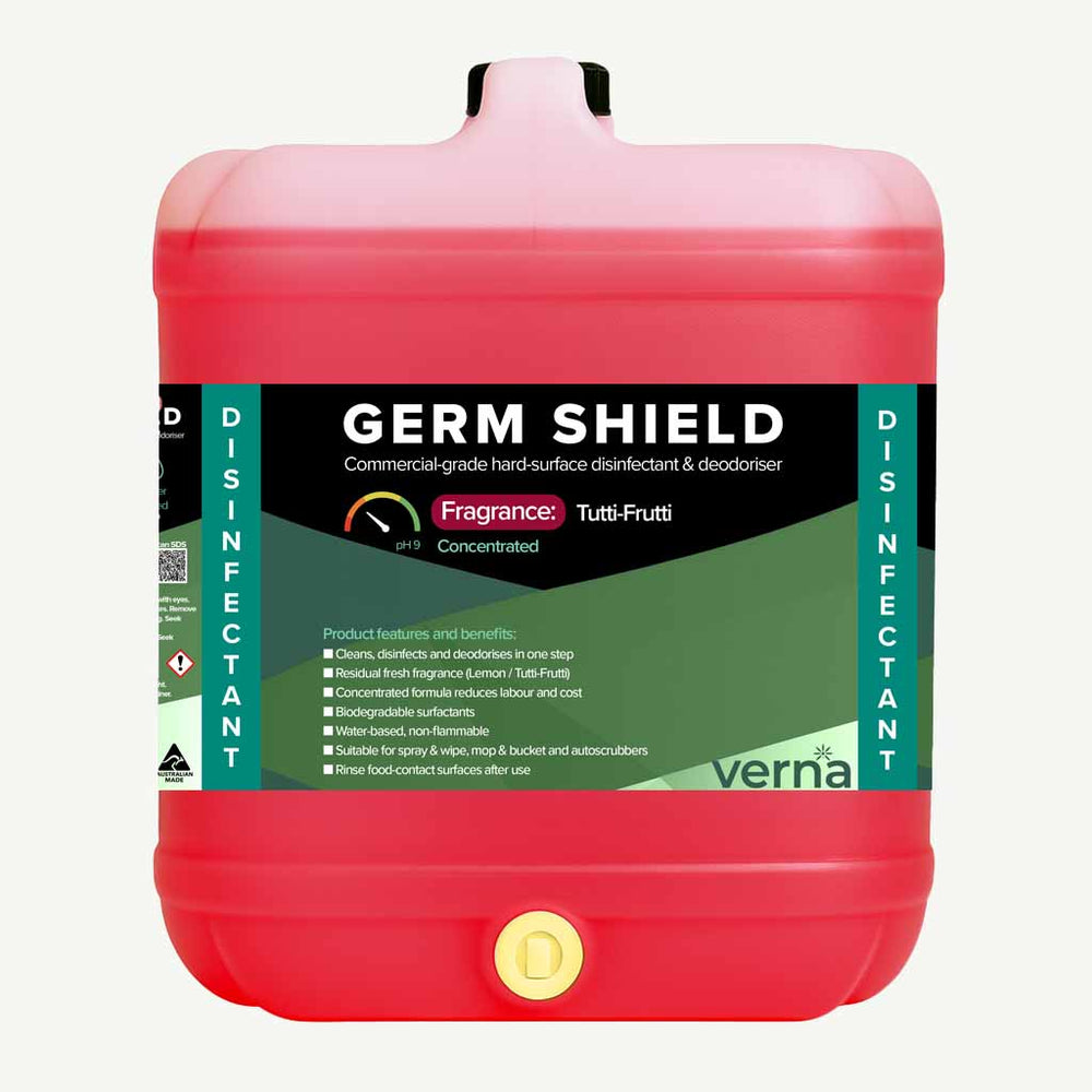 Red container of Germ Shield disinfectant with a green label on a white background
