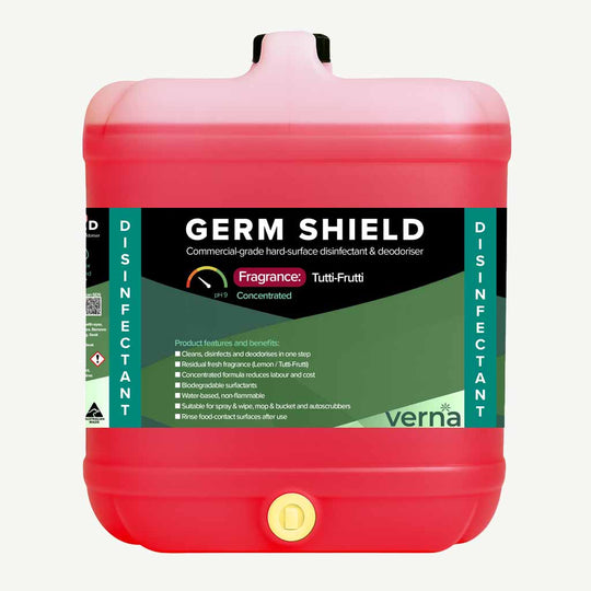 Red container of Germ Shield disinfectant with a green label on a white background