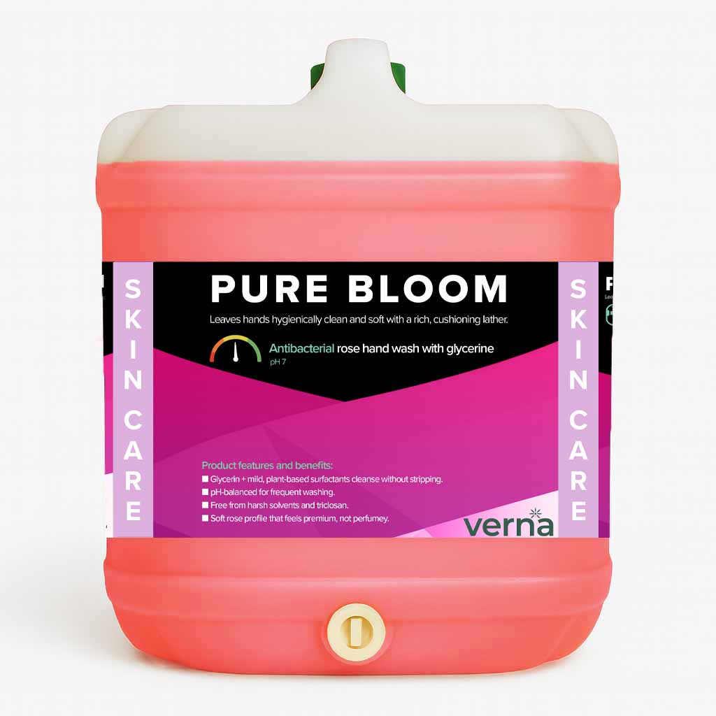 Large container of Verna Pure Bloom antibacterial hand wash on a white background
