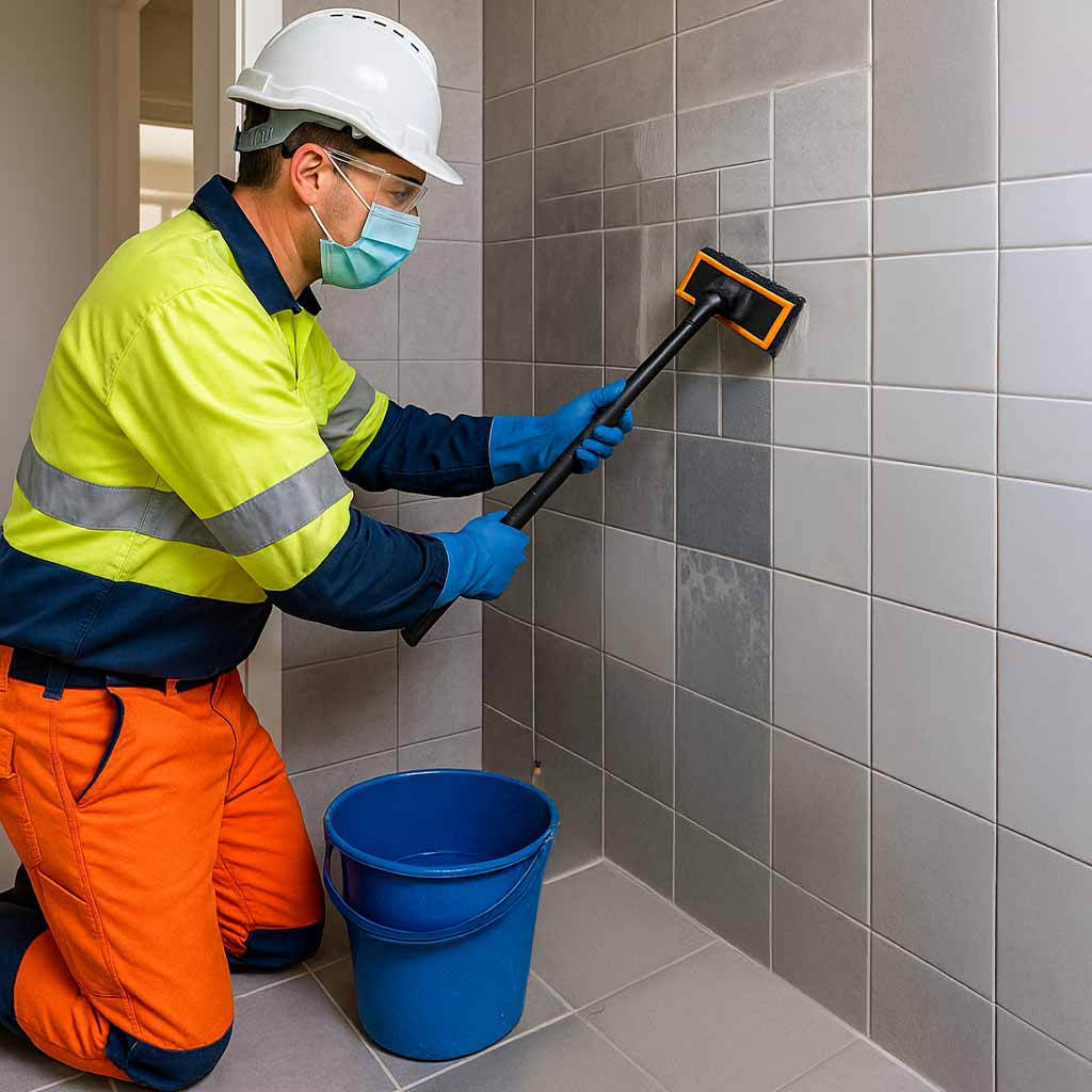 Person cleaning shower tiles with a scrubber in a bathroom setting.