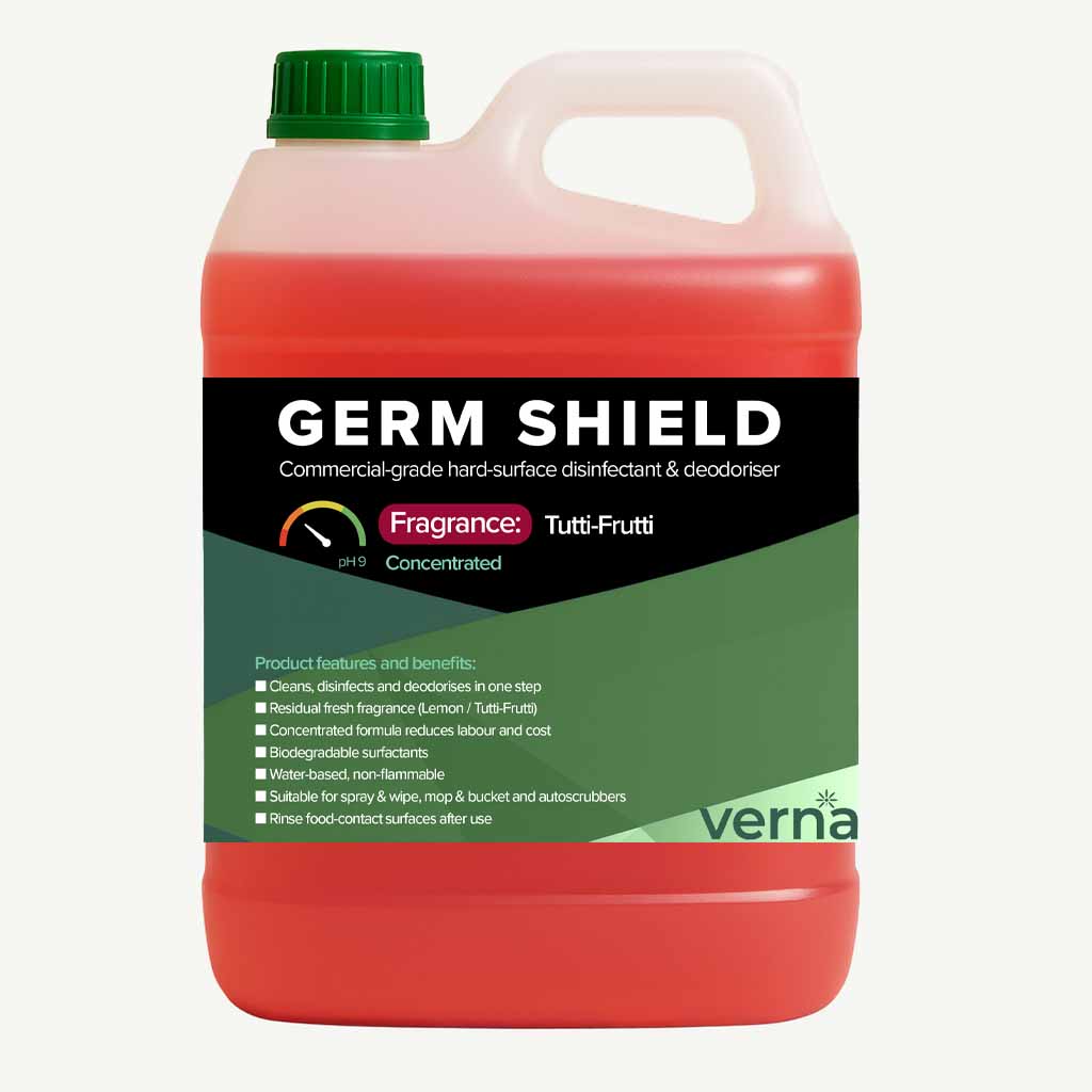 Germ Shield commercial-grade hard-surface disinfectant bottle with green cap on a white background