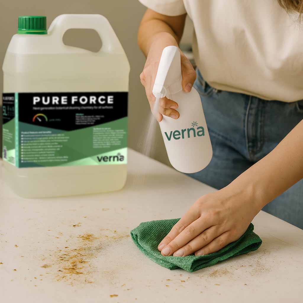 Person cleaning a surface with 'vernia' spray and green cloth, next to 'Pure Force' cleaning solution.