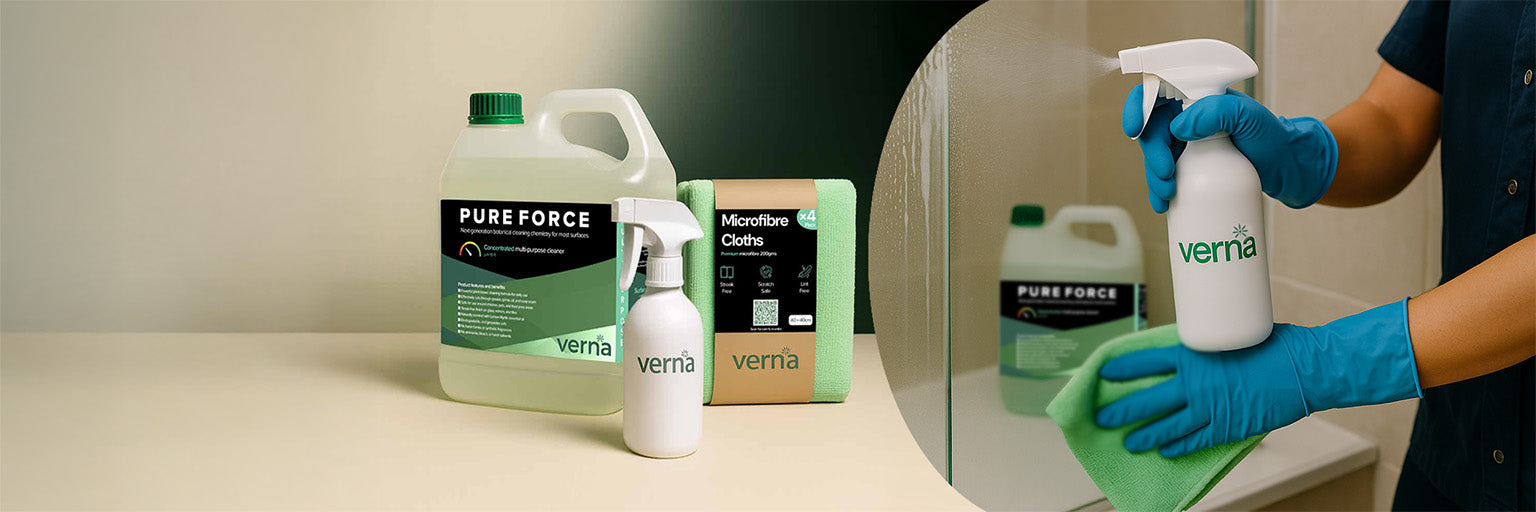 Cleaning products including bottles and a spray bottle on a surface with a person cleaning.