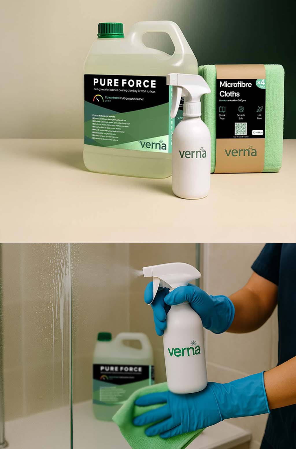 Verna cleaning products including a spray bottle, container, and cloths on a surface with a person using them.