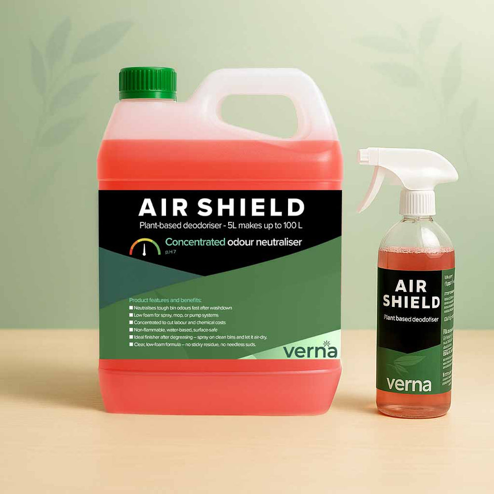 Two bottles of Air Shield by Verna on a light green background