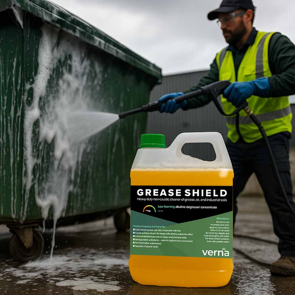 Person using a pressure washer on a green bin with a bottle of Verna Grease Shield in the foreground.