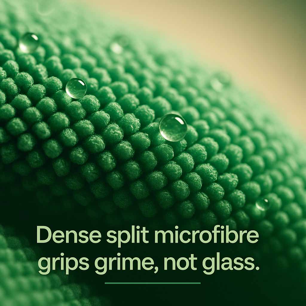 Close-up of a green microfiber cloth with water droplets, text overlay about microfiber properties.