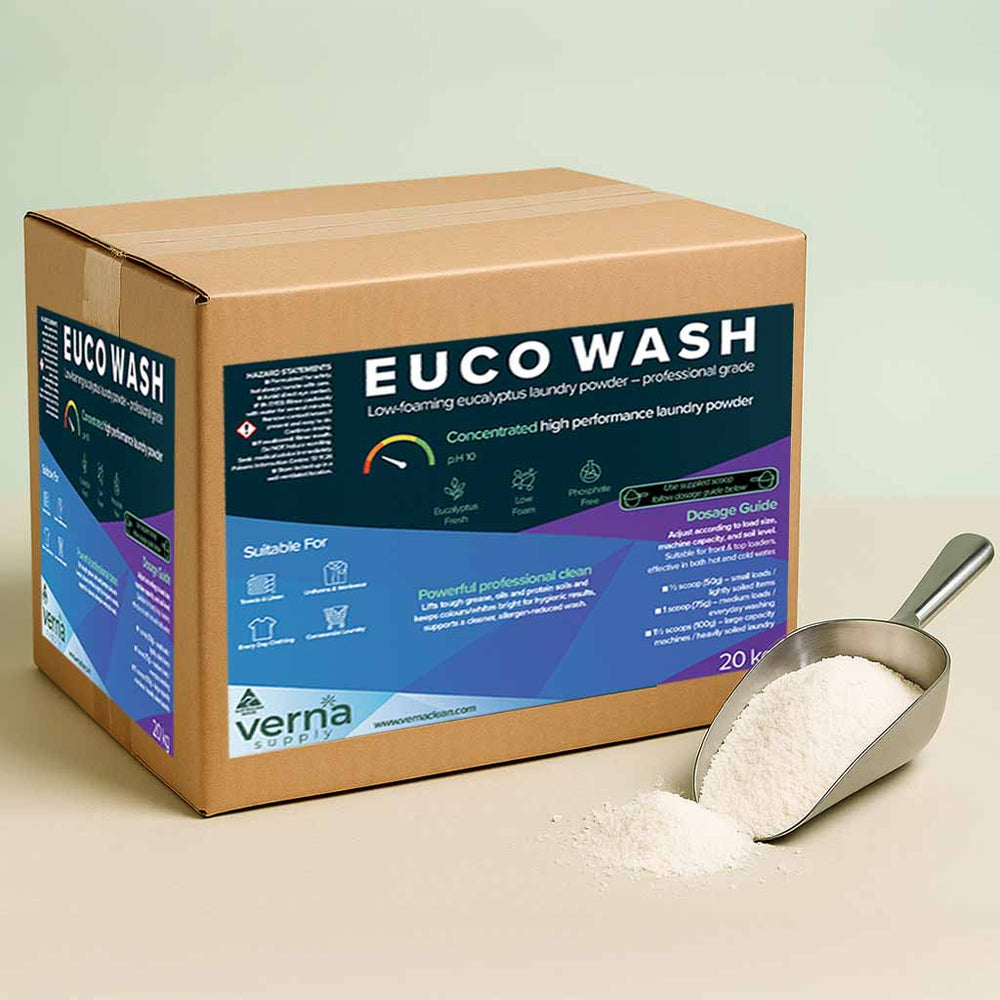 EUCO WASH laundry powder box with a scoop of powder on a light background