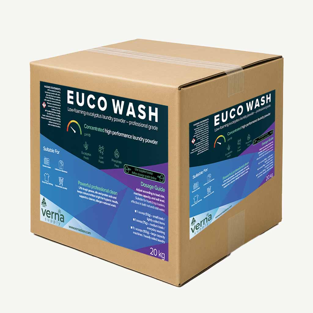 Box of EUCO WASH laundry powder with Verna logo on a white background