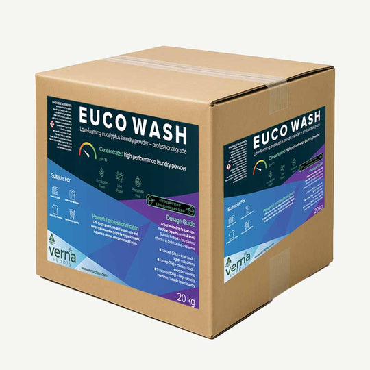 Box of EUCO WASH laundry powder with Verna logo on a white background