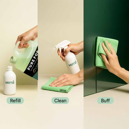 Steps to use verna cleaning products including refill, clean, and buff actions.