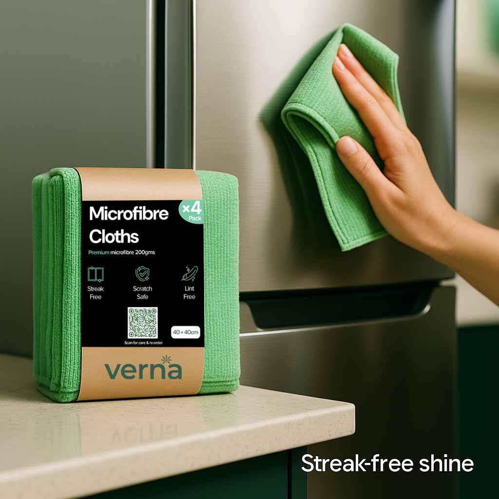 Verna microfibre cloths with packaging on a kitchen counter, showing a hand using one to clean a surface.