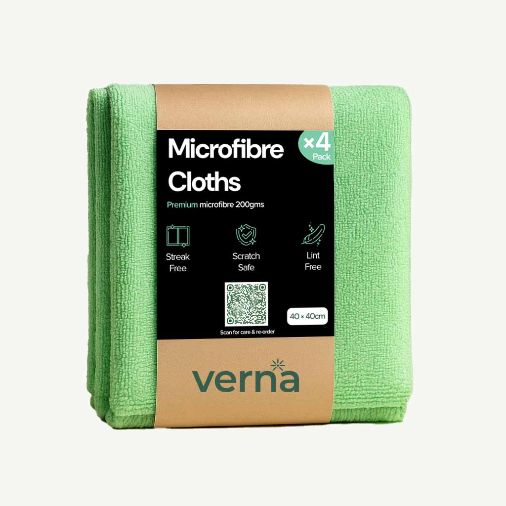 Pack of green microfibre cloths with Verna branding on a white background