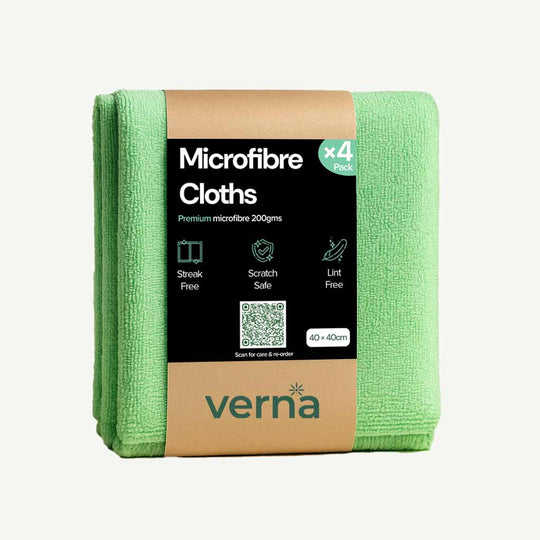 Pack of green microfibre cloths with Verna branding on a white background