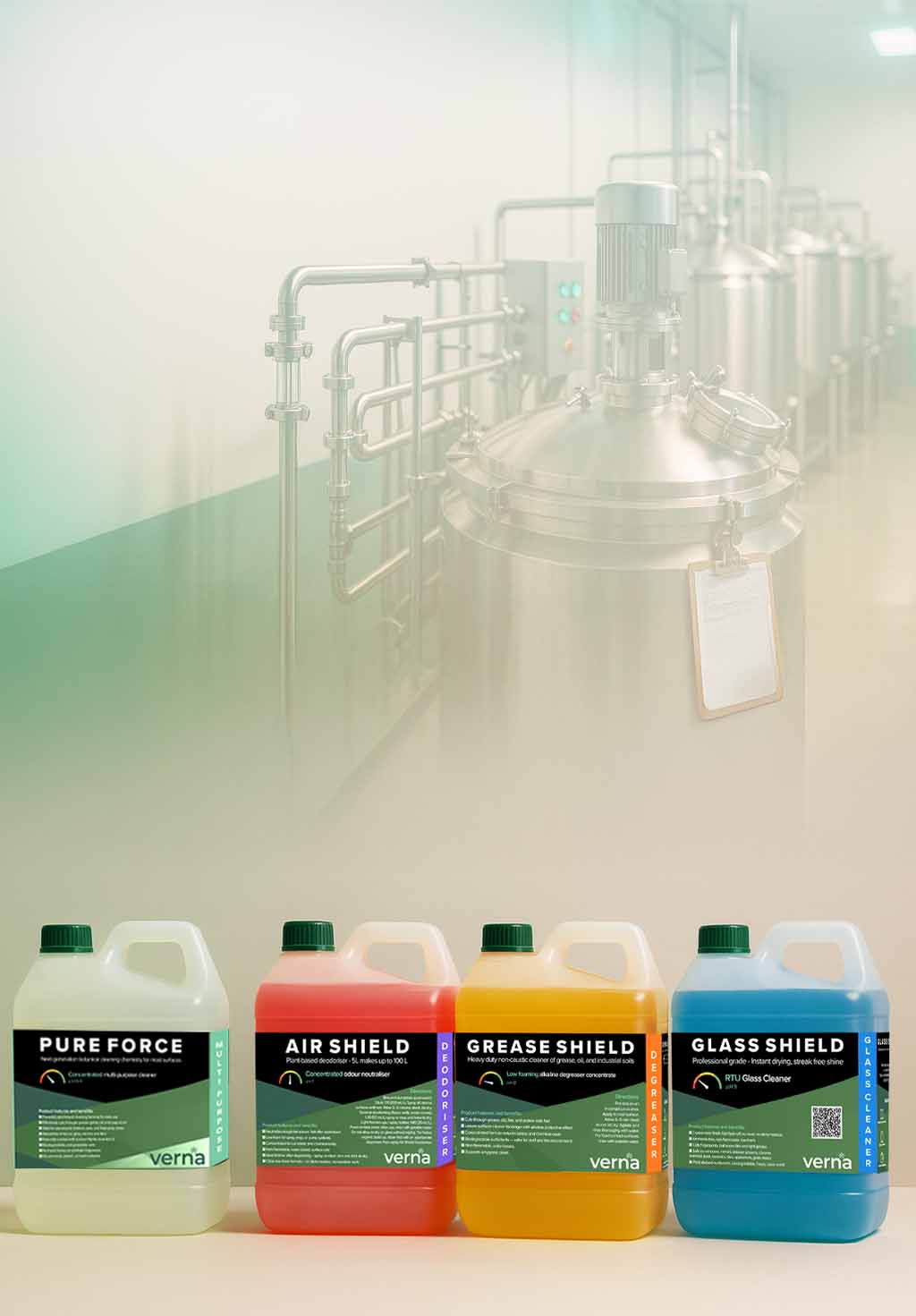 Four bottles of Verna chemicals labeled 'Pure Force', 'Air Shield', 'Grease Shield', and 'Glass Shield' on a gradient background.