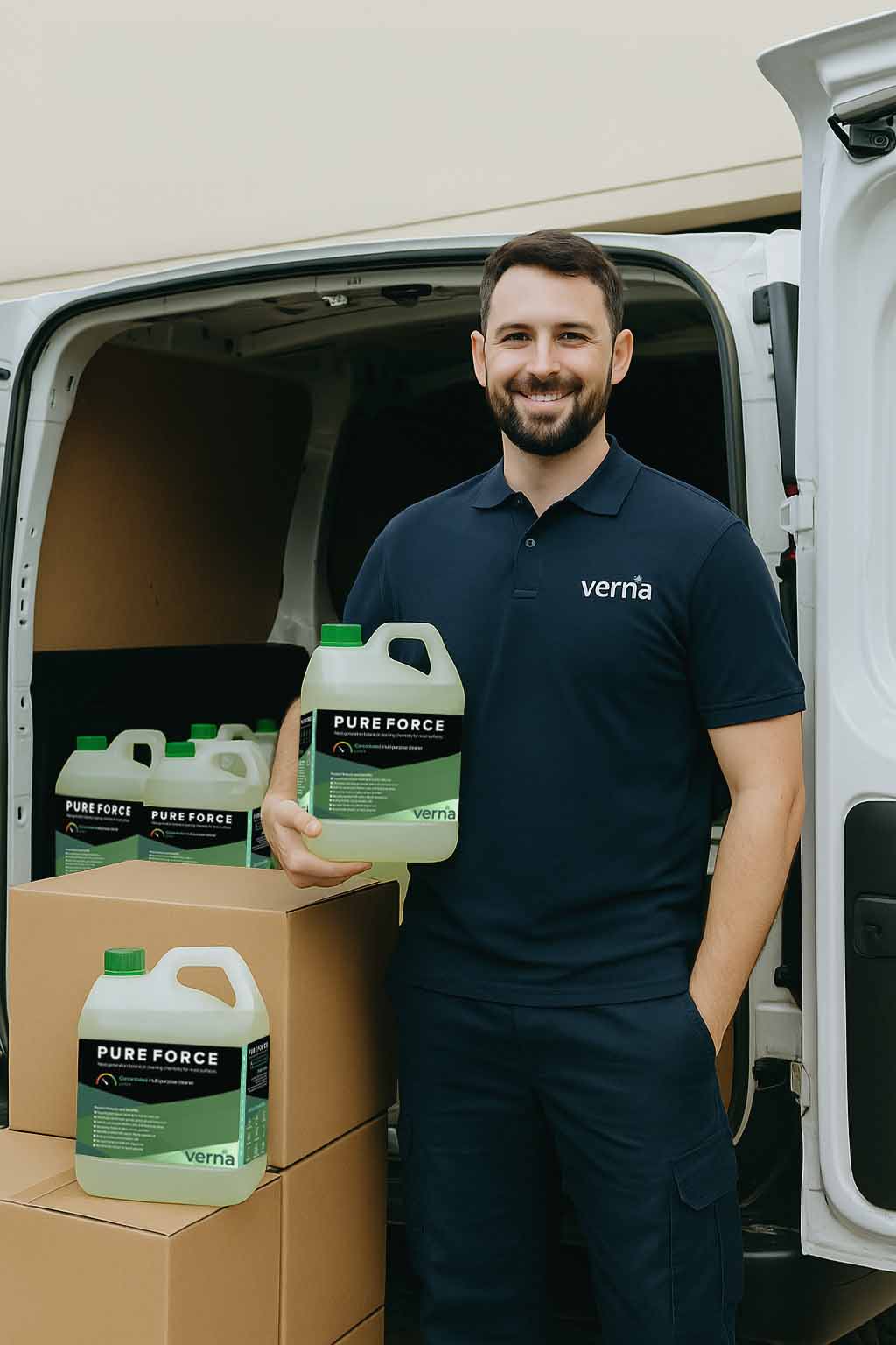 Man holding a container of Verria Pure Force product next to an open van with more containers inside.
