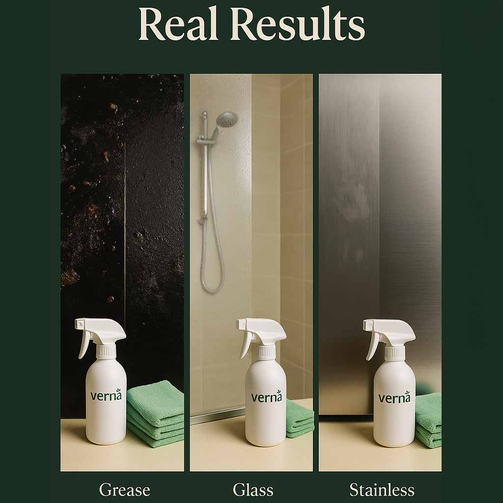 Three bottles of Verna cleaning solution on a bathroom floor with 'Real Results' text above.