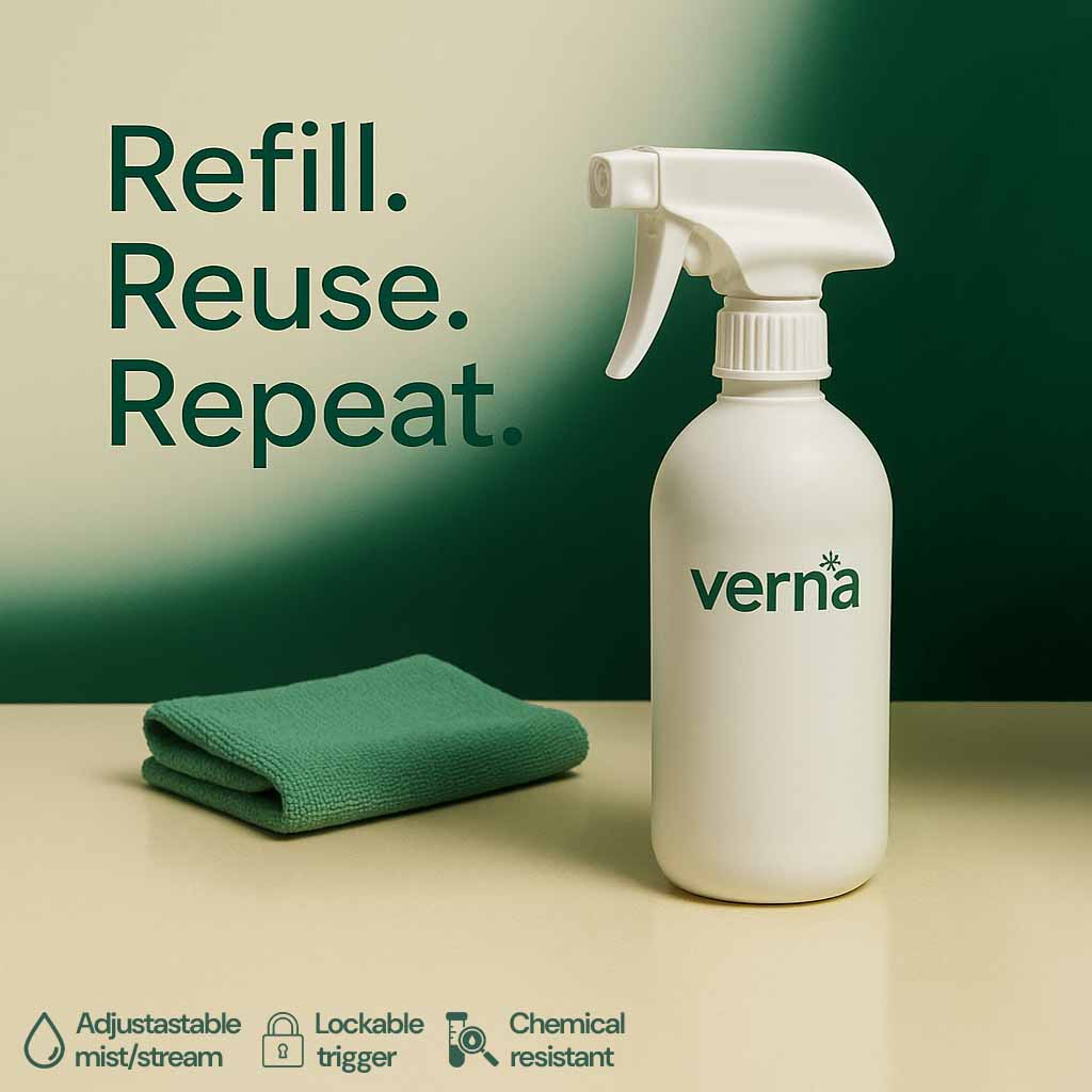 Verna 500ml refillable spray bottle for plant-based cleaner, adjustable mist and stream, lockable trigger, chemical resistant.